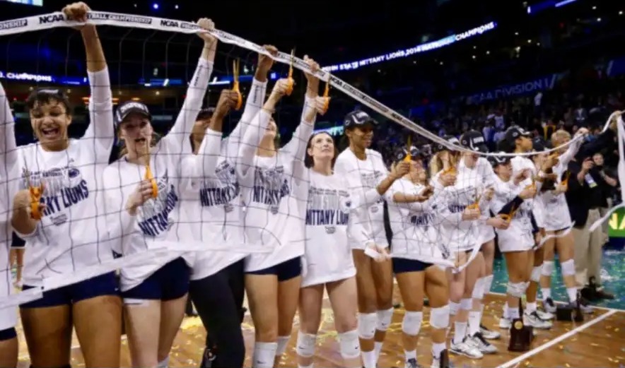 Skylar Dykstra and her Penn State teammates cutting down the net after the championship match