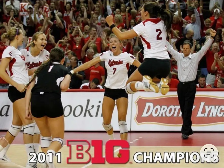 Lara Dykstra and her Nebraska teammates celebrating the 2011 Big Ten championship